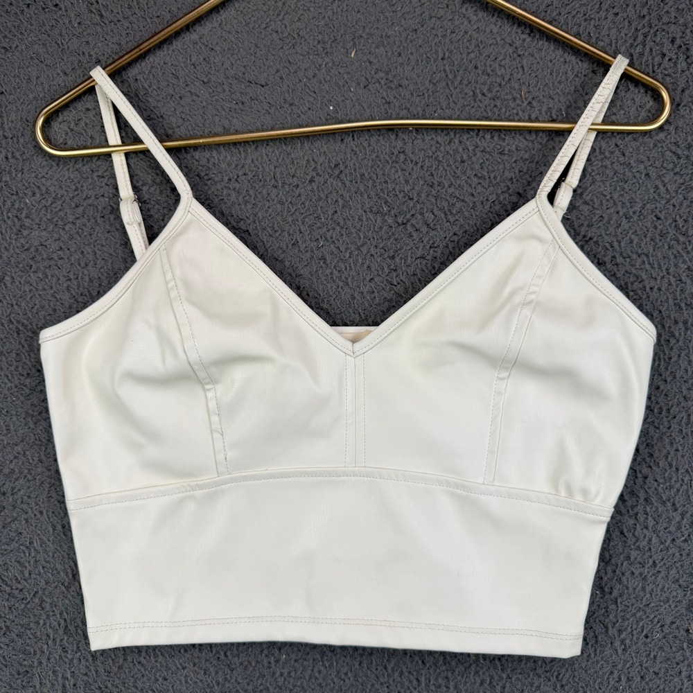 ee:some Womens Cream Faux Leather V-Neck Cropped Camisole Bralette Top Small NWT
